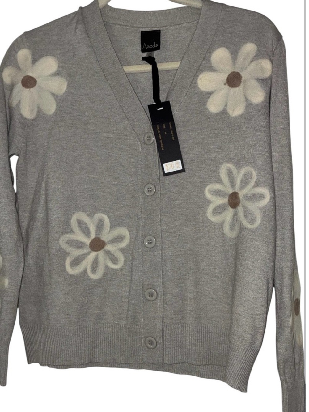 NWT gray Aaeda V-neck cardigan floral appliqués w/ button-down closure Sz M‎